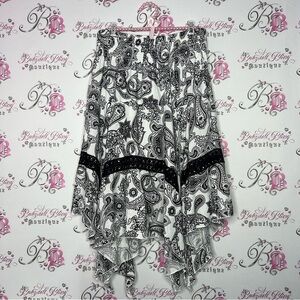 Katies skirt paisley whimsyical white black flowy maxi midi skirt ribbon bow
